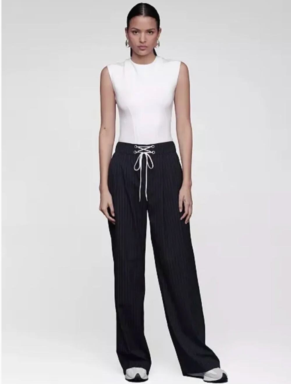 Avec Les Filles Navy Blue Pinstripe Women's Lace Up Wide Leg Trousers